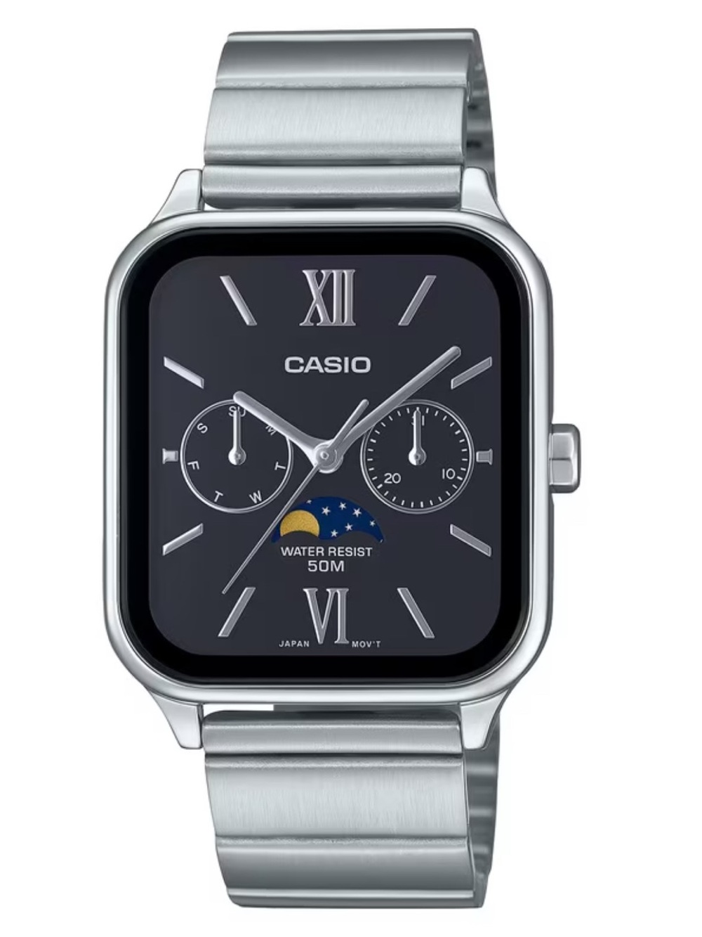Casio Silver Stainless Steel Watch with Black Dial and Moonphase